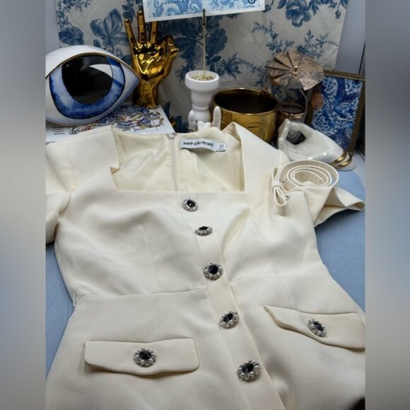 🆕 SELF-PORTRAIT 🧿 BNWOT Cream Ecru Crepe Buttoned Midi Dress, Sz UK 6/ US 2 - Picture 10 of 14
